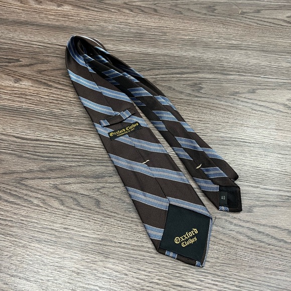 Oxxford Clothes Brown w/ Blue & White Stripe Silk Tie - Picture 2 of 5